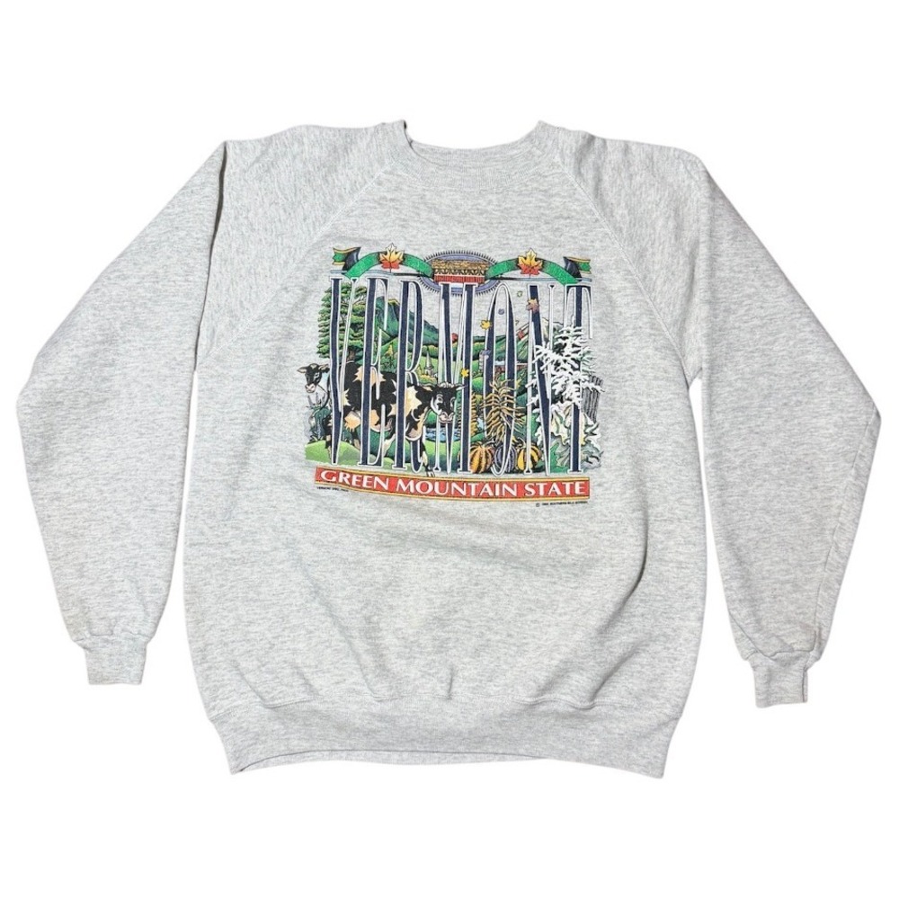 Vintage 90s Vermont Green Mountain State USA Cow Animal Folk Art Raglan Sweater
